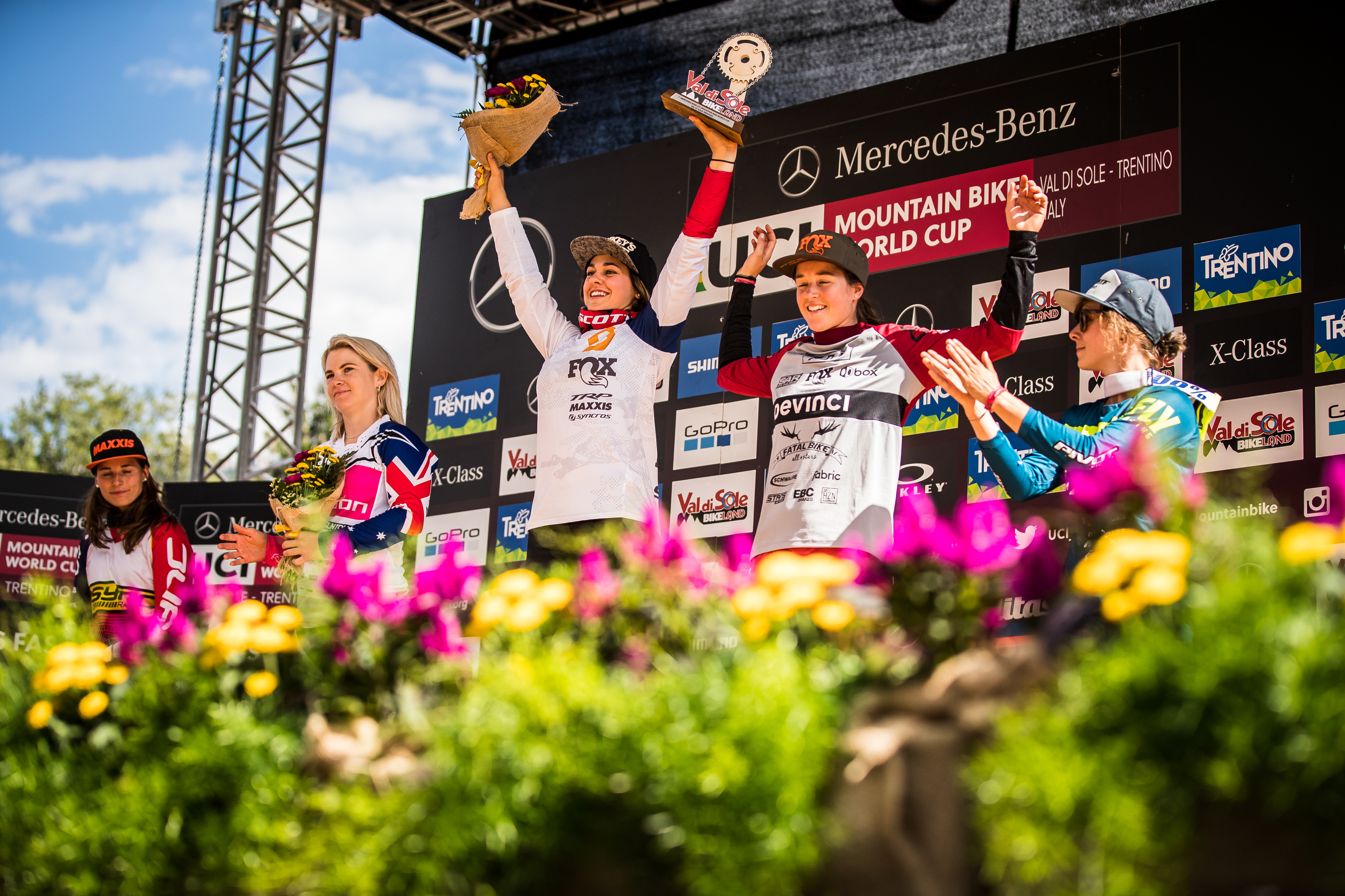 MArine Cabirou celebrates her first World Cup victory on the podium.
